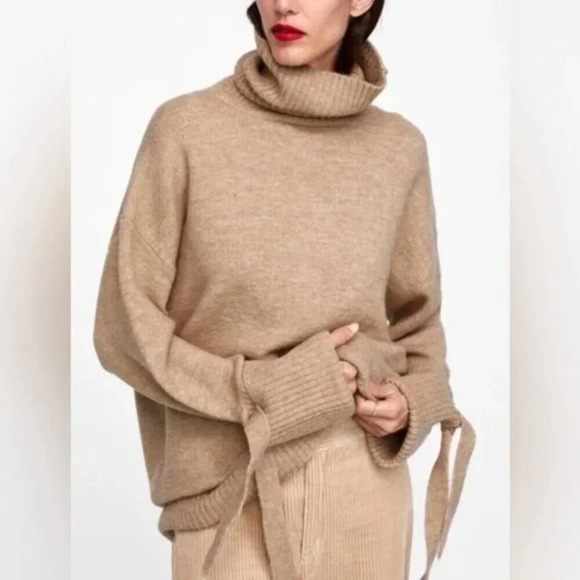 Zara Tie Cuff Turtleneck Knit Sweater Camel  Tan Size Medium - Picture 2 of 9